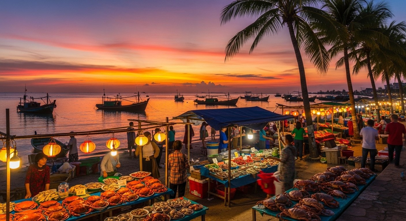 A vibrant and colorful view of the Kep Crab Market at sunset, with fishing boats in the background, highlighting the coastal setting for a Kep Coast and Crab Market Exploration Guide.