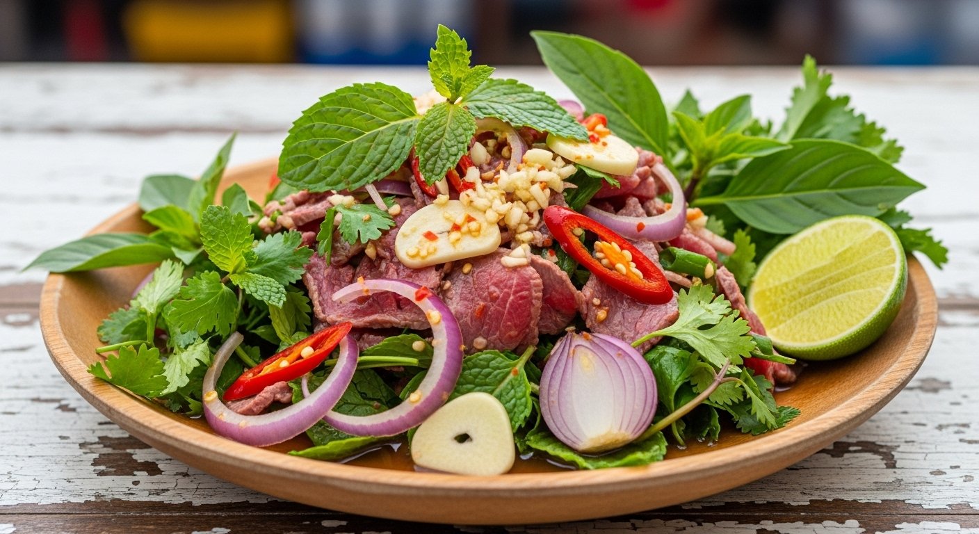A vibrant Lap Khmer salad with thinly sliced beef, fresh herbs, shallots, garlic, chili, and a dressing of lime juice and fish sauce. Cambodia must-try food.