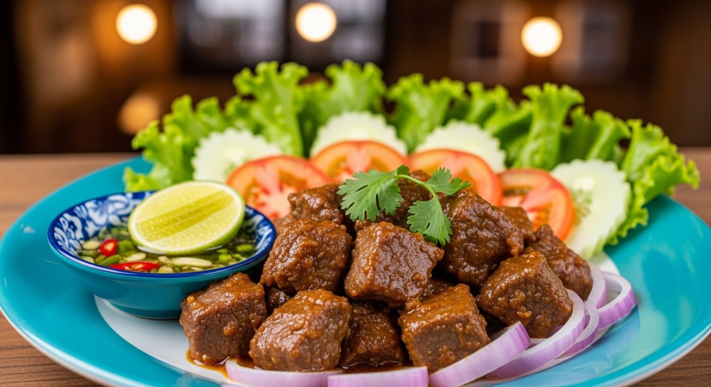 A vibrant plate of traditional Cambodian Lok Lak with a fresh lime and pepper dip, illustrating delicious and safe local cuisine as part of Cambodia travel tips.