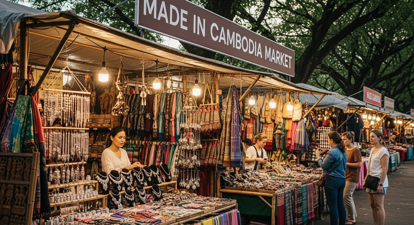 A vibrant stall at the Made in Cambodia Market in Siem Reap, featuring beautifully displayed local handicrafts and textiles, emphasizing the unique Markets to Explore in Cambodia.