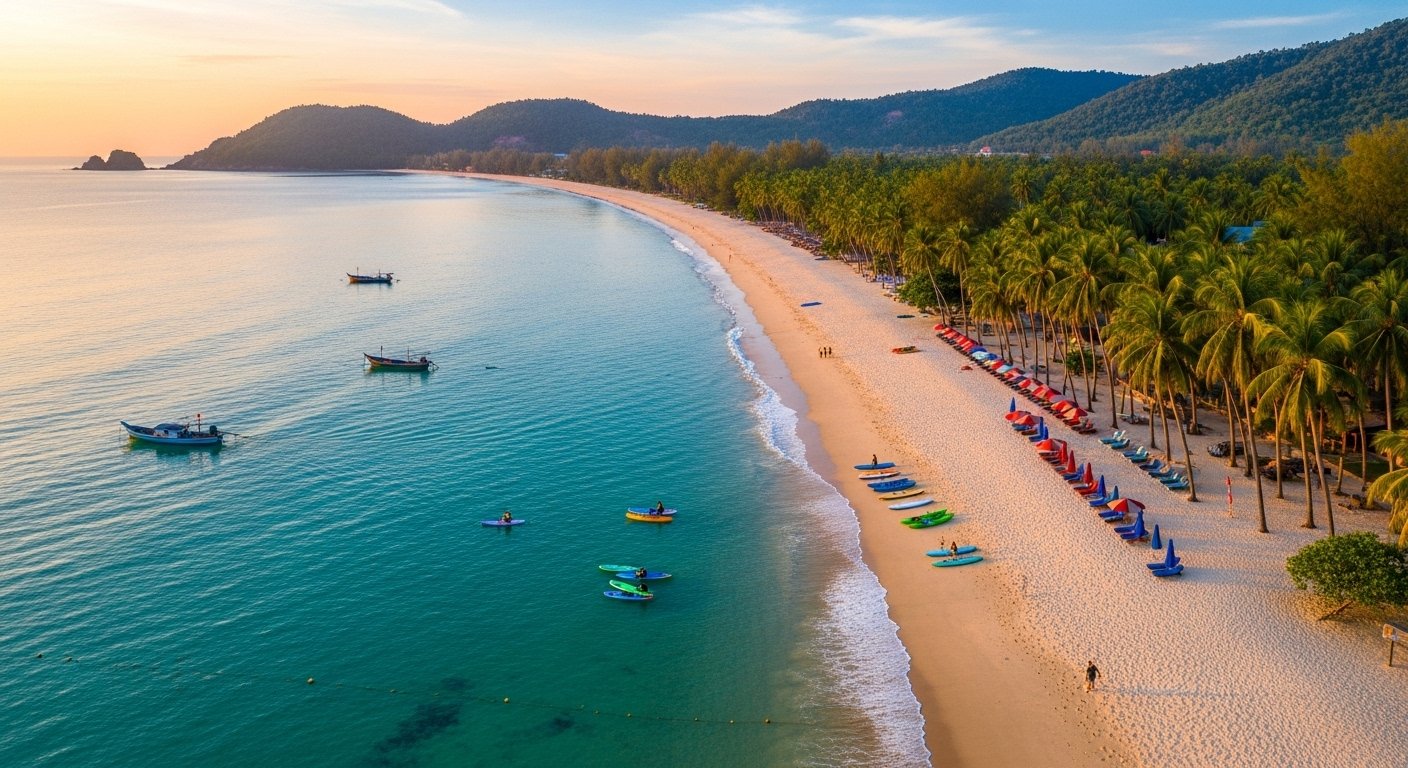 Aerial view of a pristine Sihanoukville beach, with clear turquoise waters, white sand, and lush green palm trees, demonstrating relaxation and adventure opportunities for a Sihanoukville beach guide.