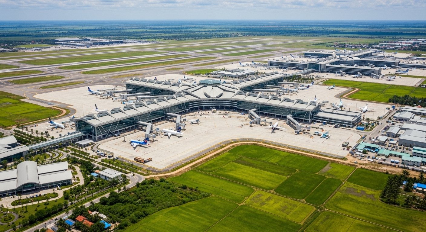 Aerial view of Techo International Airport, showcasing its vast layout and modern architecture amidst Cambodian landscape.