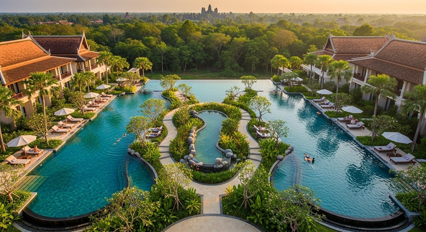 An aerial view of a luxurious resort in Siem Reap featuring a variety of stunning pool views including an infinity pool, private villa pools, and a lush garden pool area.