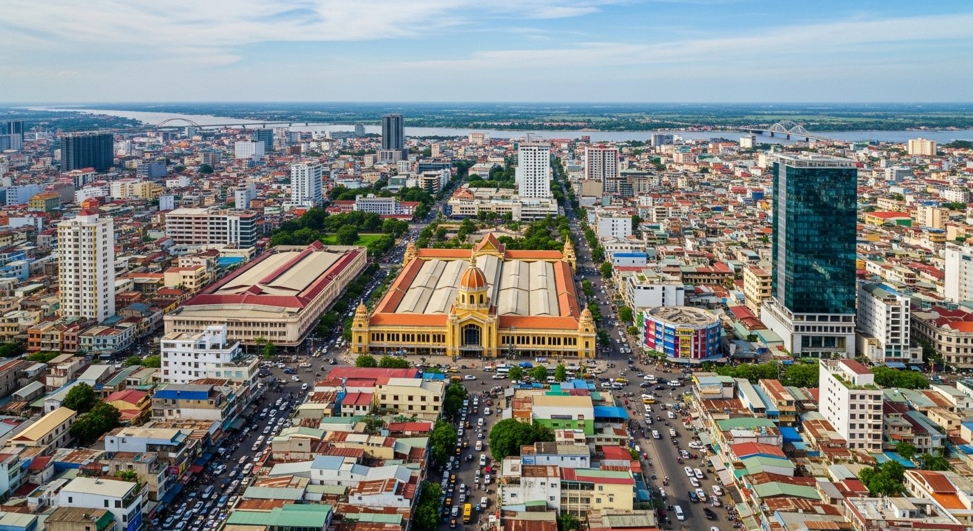 An aerial view of Phnom Penh's urban landscape, highlighting one of the central Markets to Explore in Cambodia.