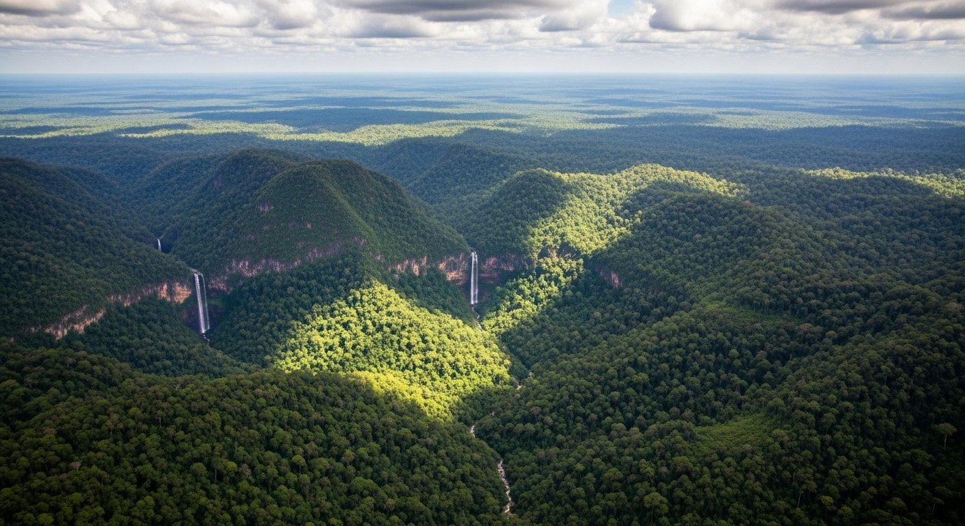 An aerial view of the lush, green Cardamom Mountains, highlighting the vast untouched nature in Cambodia, with distant hints of Cambodia hidden waterfalls.