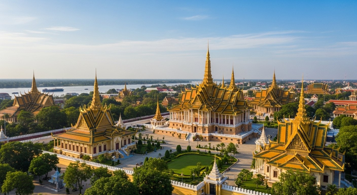 An aerial view of the majestic Phnom Penh Royal Palace complex, showing its golden spires, traditional Khmer architecture, and lush courtyards under a clear blue sky. The image should convey grandeur and historical significance, with a focus on the Phnom Penh Royal Palace.