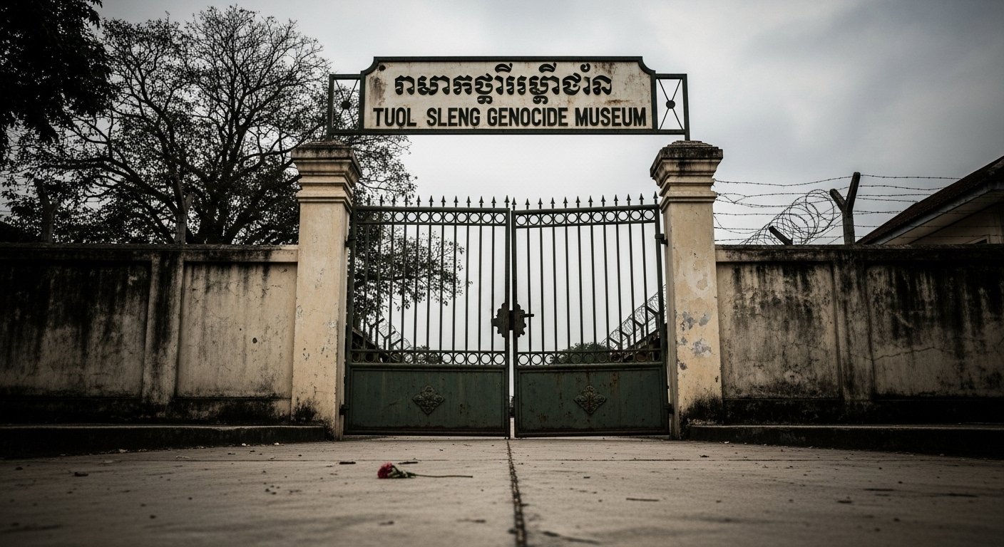 An evocative and somber image of the entrance to the Tuol Sleng Genocide Museum (S-21) in Phnom Penh, with a sense of historical weight. Visiting Killing Fields Tuol Sleng.