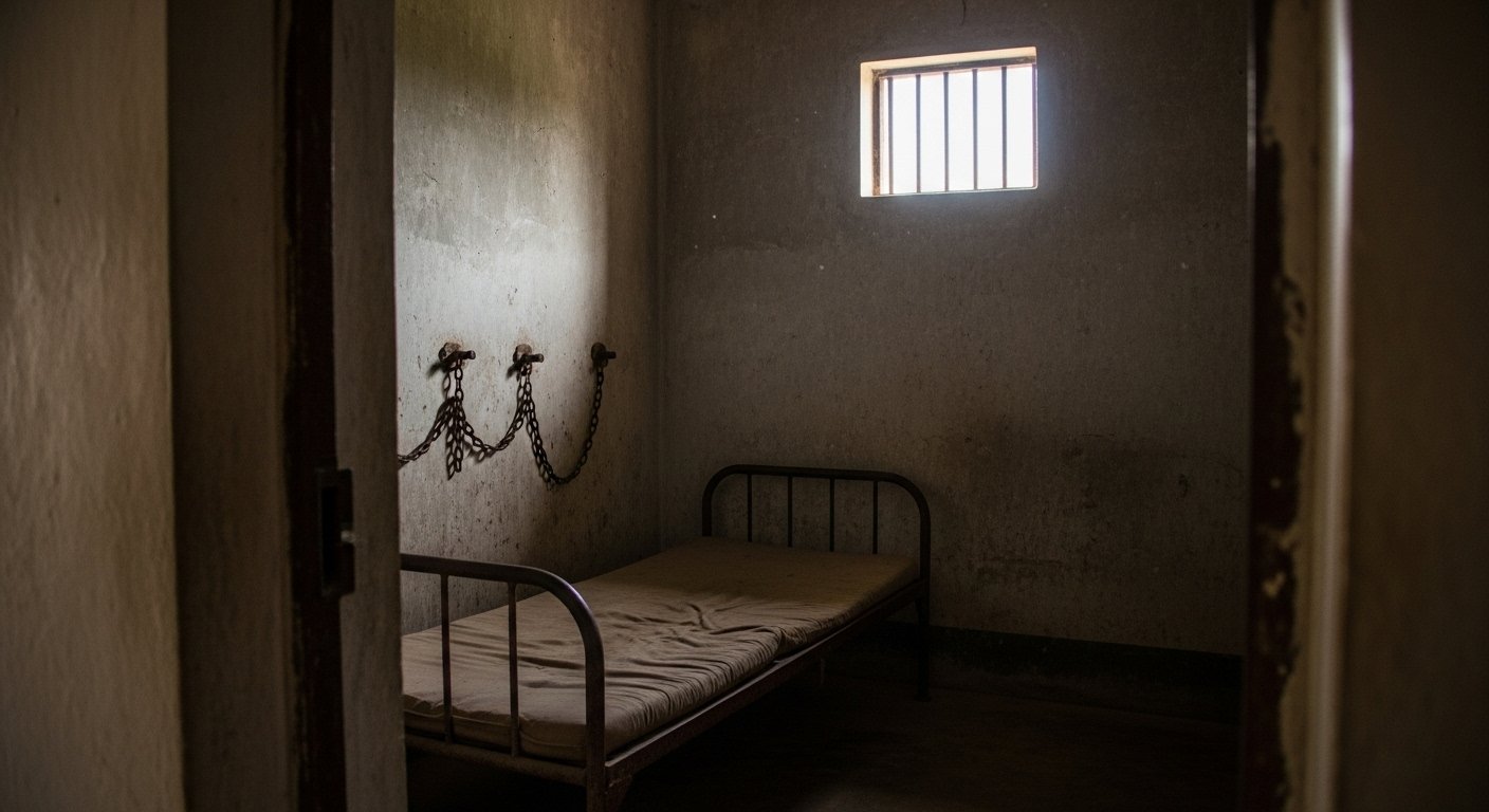 An interior shot of a former classroom turned into a small, crude cell at Tuol Sleng Genocide Museum (S-21), emphasizing the confined and somber atmosphere. Visiting Killing Fields Tuol Sleng.
