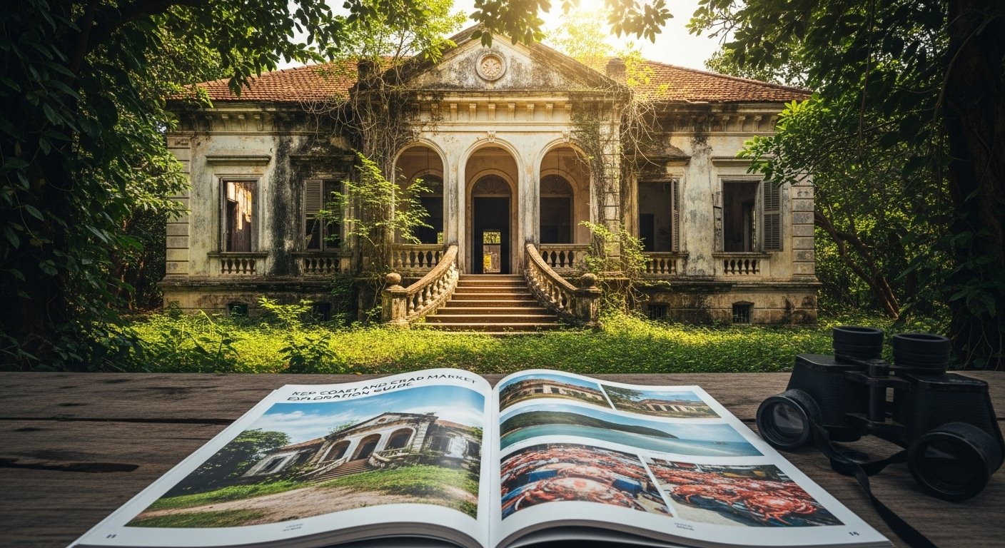 An old, overgrown French colonial mansion in Kep, showcasing its historical significance within a Kep Coast and Crab Market Exploration Guide.