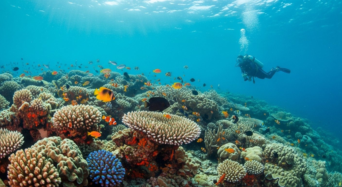 An underwater scene with colorful coral reefs and tropical fish, showcasing Sihanoukville diving Cambodia, suitable for a Sihanoukville beach guide focused on adventure.