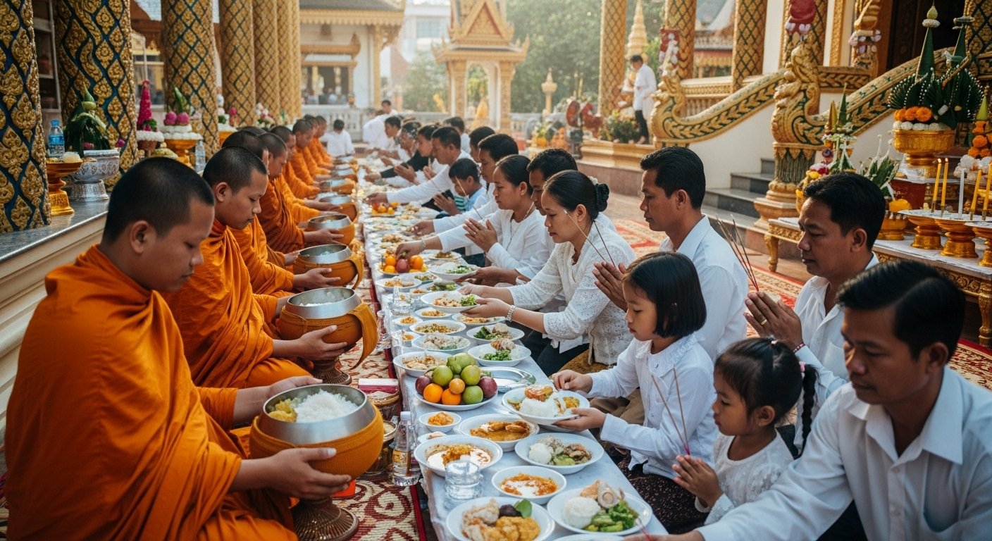 Cambodians offering food to monks at a pagoda during Pchum Ben, a key event among Cambodian Festivals celebrating ancestors.