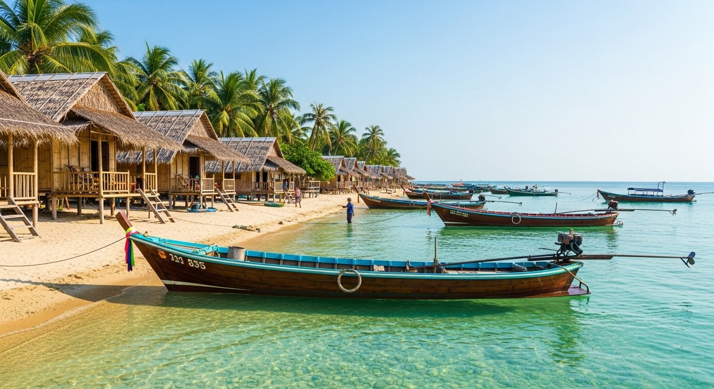 Charming local life on Koh Tonsay (Rabbit Island) with bamboo huts and fishing boats, representing one of the Must-Visit Cambodian Islands.