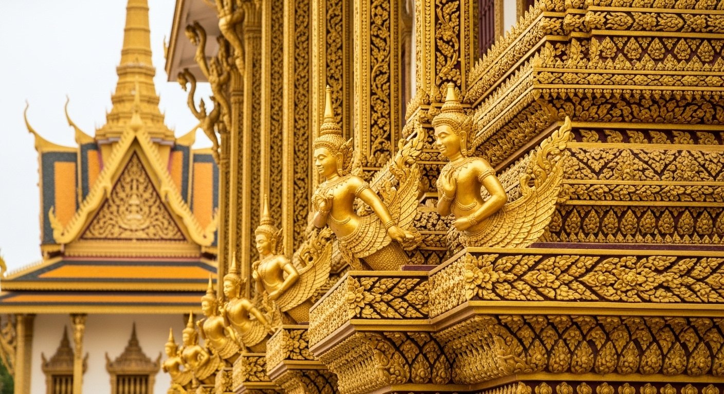 Close-up of intricate golden carvings and traditional Khmer architectural details on one of the buildings within the Phnom Penh Royal Palace complex, highlighting the exquisite craftsmanship of Khmer architecture.