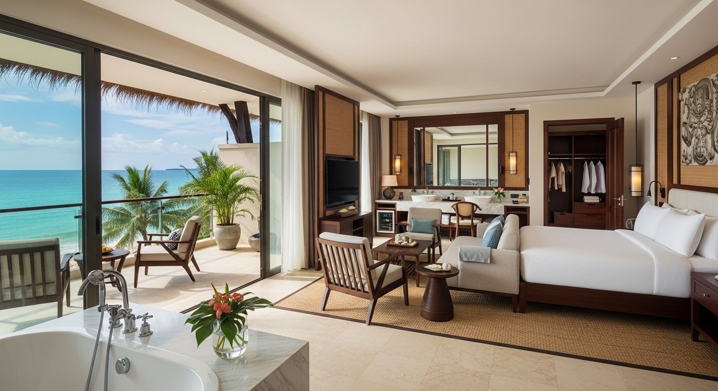 Discover exquisite amenities and panoramic sea vistas from this premium suite at one of the top Koh Rong Samloem beachfront hotels.