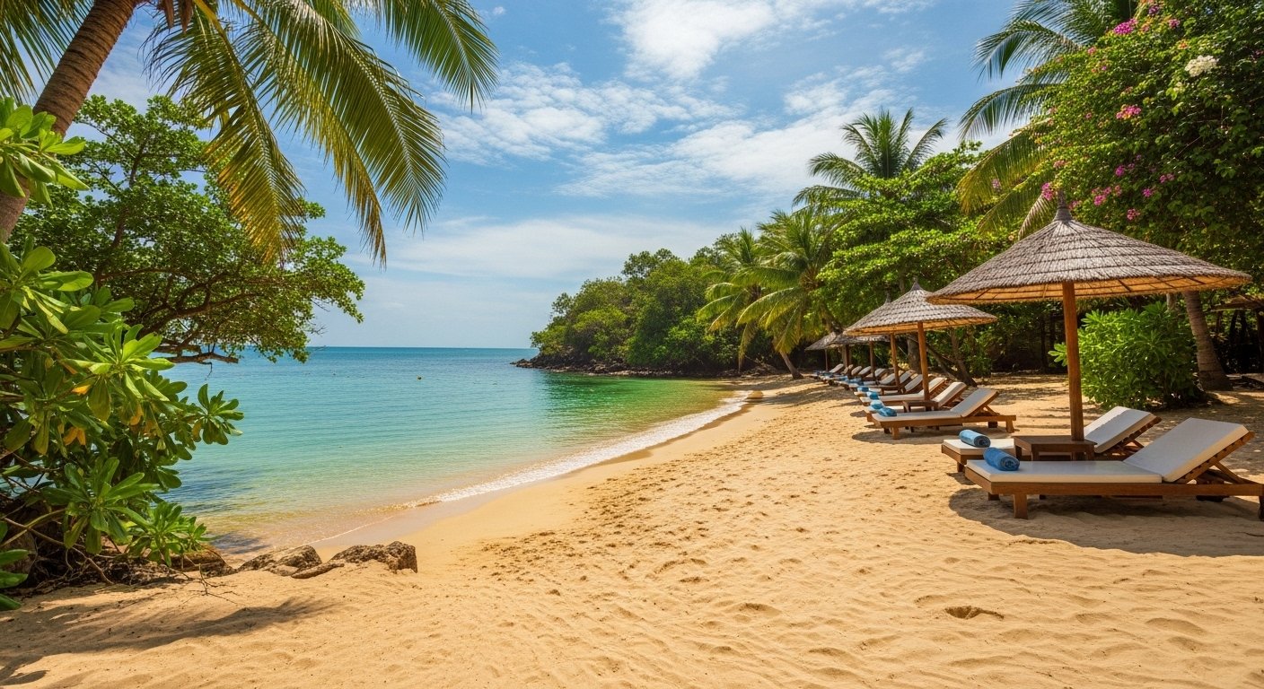 Golden sands and clear turquoise water on a serene private beach, an idyllic scene from one of the premier Koh Rong Samloem beachfront hotels.