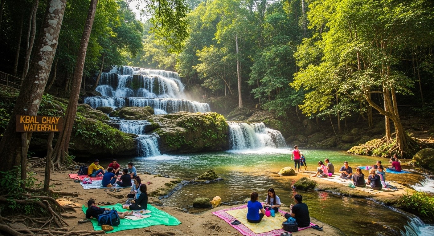 Kbal Chhay waterfall near Sihanoukville, showing its multi-tiered cascades and popular picnic spots, representing accessible Cambodia hidden waterfalls.