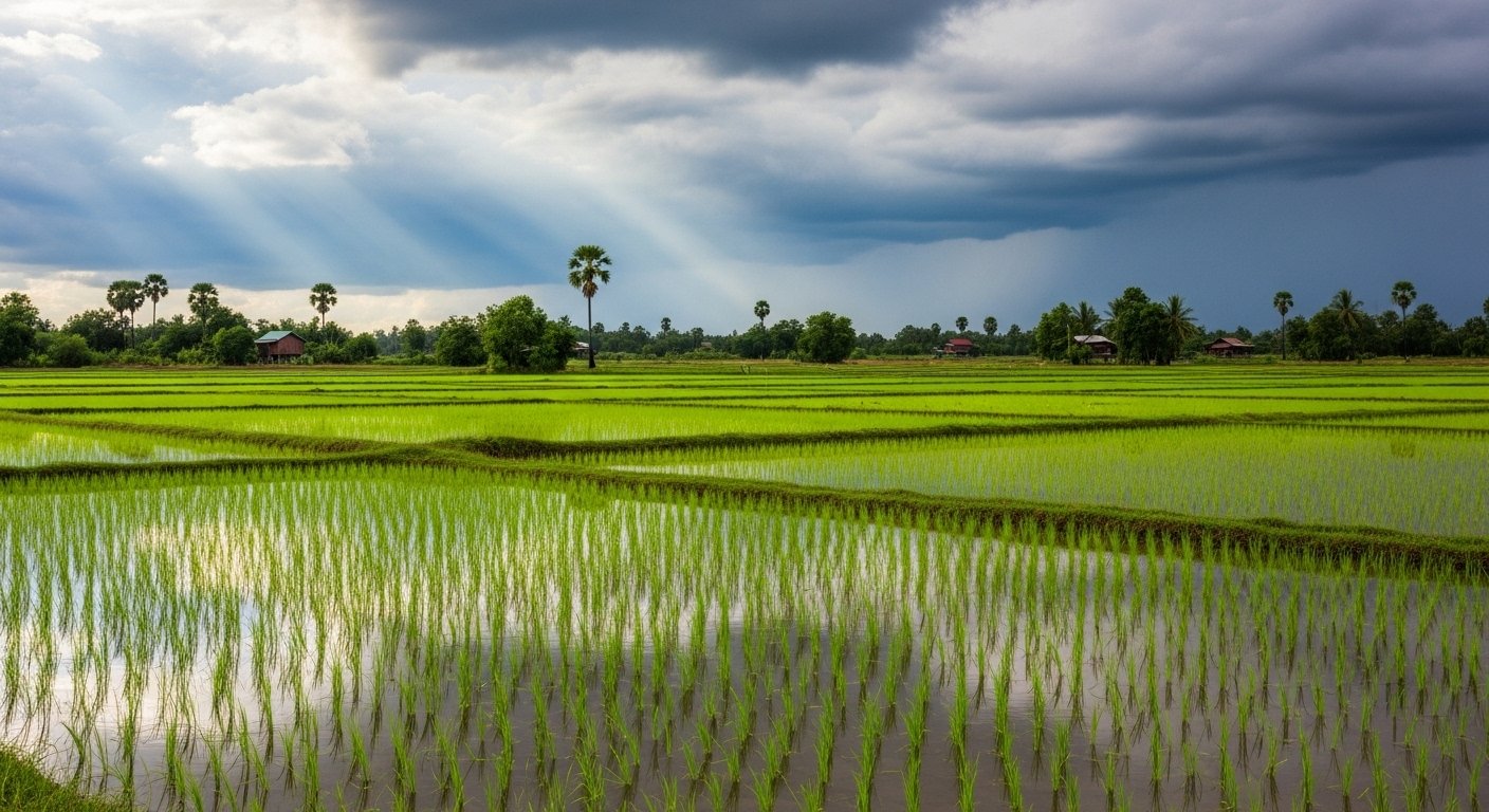 Lush green rice paddies in the Cambodian countryside during the wet season, with dramatic clouds, showcasing the natural beauty of the best time to travel Cambodia.