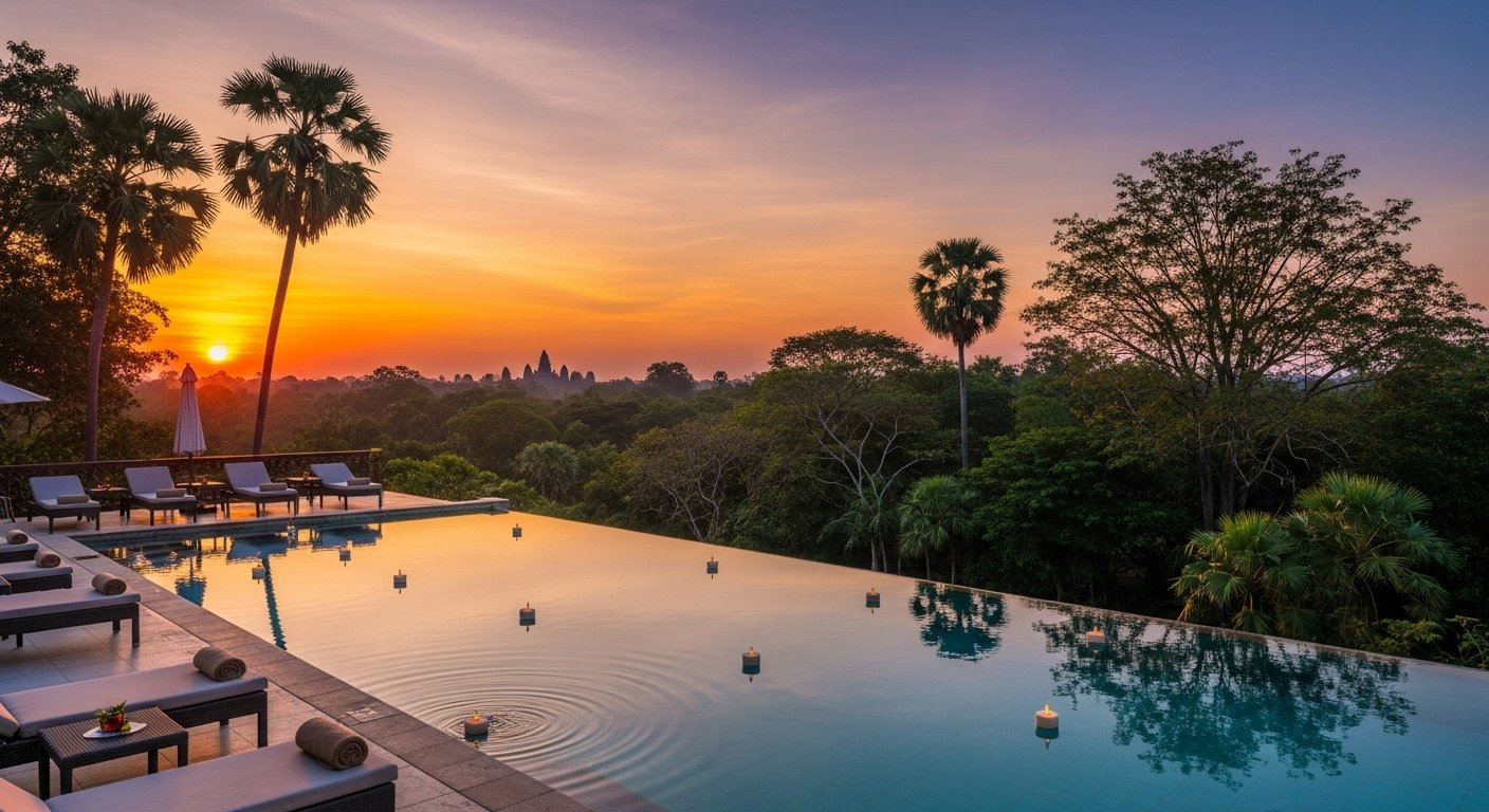 Luxurious infinity pool at a Siem Reap hotel with stunning pool views overlooking a lush, tropical landscape at sunset.
