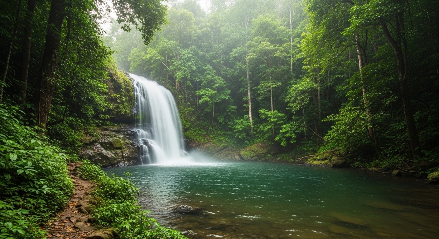 Misty Popokvil waterfall in Bokor National Park, showing its serene and cool environment, capturing the essence of Cambodia hidden waterfalls.