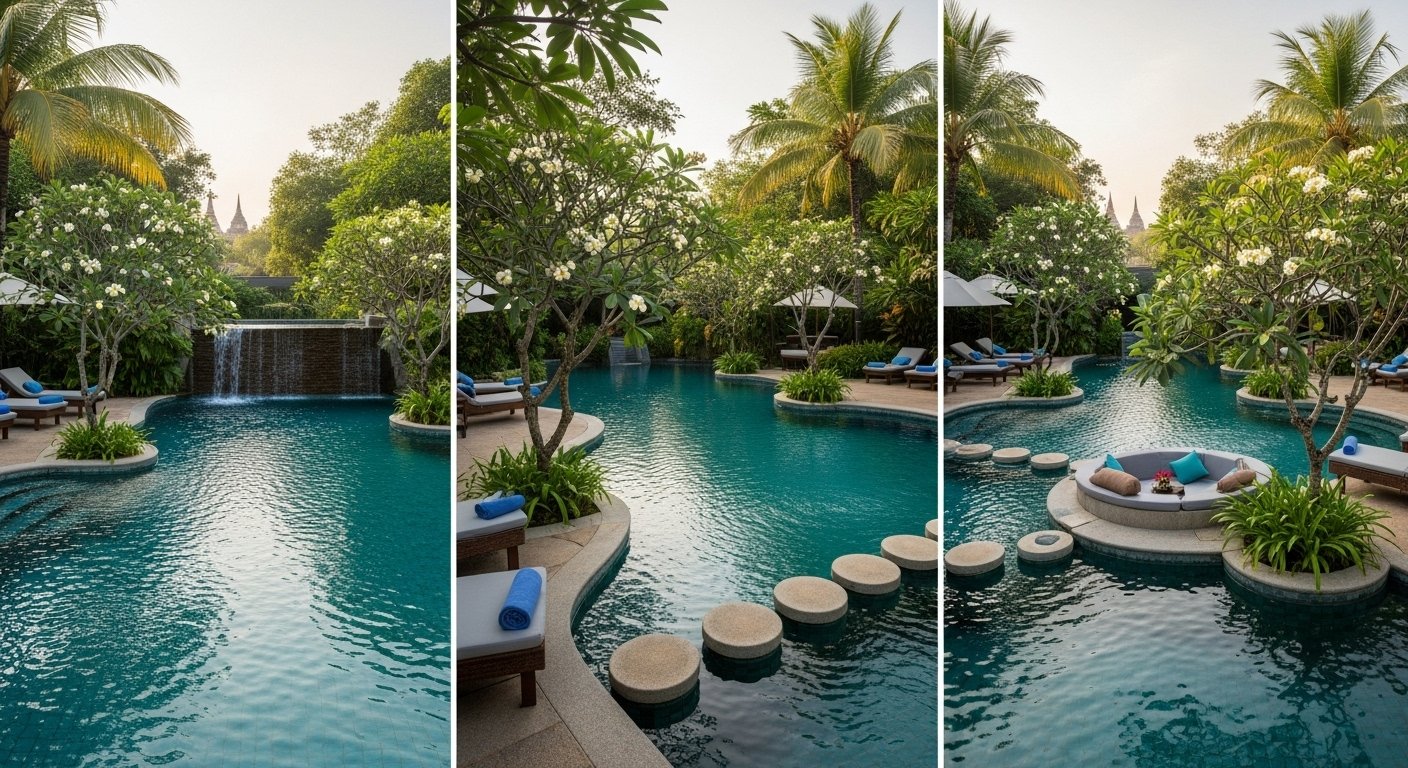 Navutu Dreams Resort & Wellness Retreat's multiple, serene swimming pools with stunning pool views, integrated into lush tropical gardens for a relaxing Siem Reap hotel experience.