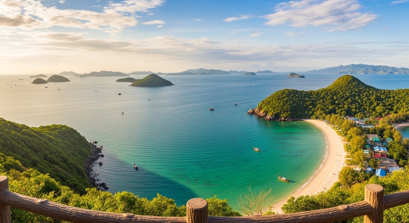Panoramic view of Cambodia's south coast and the vast Gulf of Thailand, as seen from a scenic viewpoint on one of the Must-Visit Cambodian Islands.