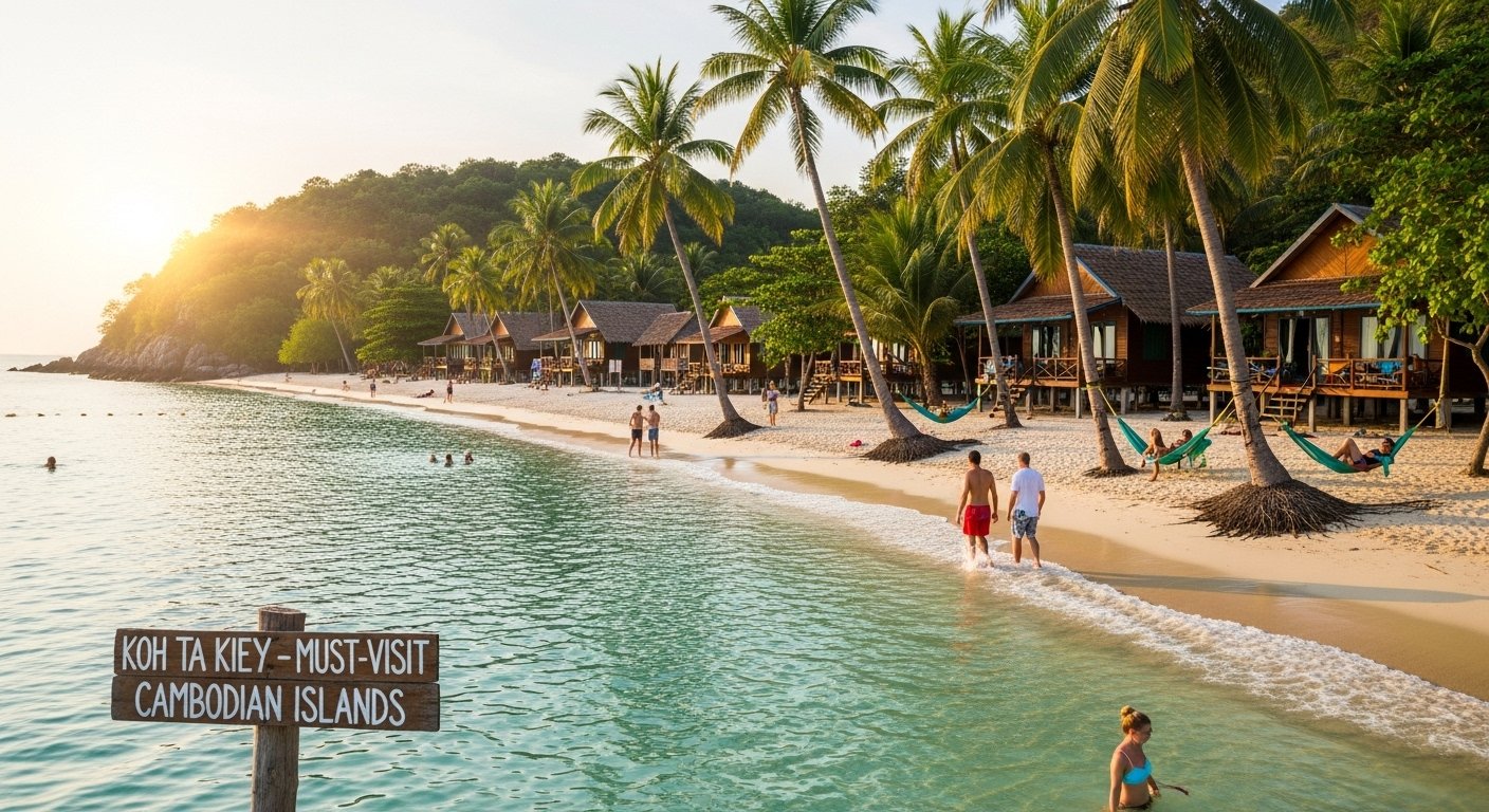 Photorealistic image of a beautiful, quiet beach on Koh Ta Kiev with wooden bungalows, clear water, and a few people enjoying the serene atmosphere, focusing on Must-Visit Cambodian Islands.