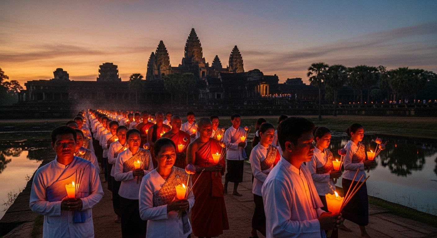 Photorealistic image of a candlelight procession at a Cambodian temple during Meak Bochea Day, emphasizing Buddhist Cambodian Festivals.