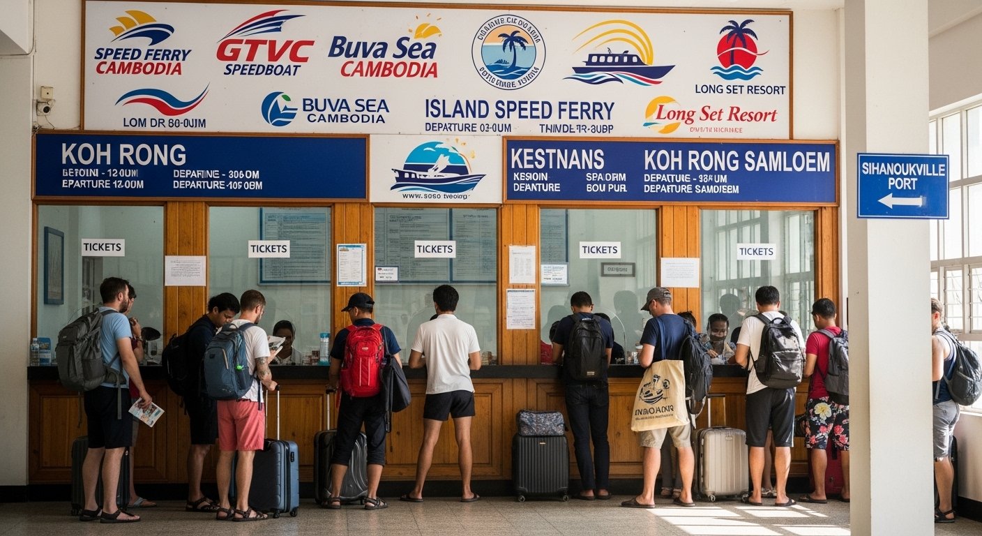Photorealistic image of a detailed Sihanoukville to Islands Ferry ticket counter with various ferry company logos, showcasing options for Koh Rong and Koh Rong Samloem. People are queuing to buy tickets. The primary keyword 'Sihanoukville to Islands Ferry' should be subtly suggested through the scene.