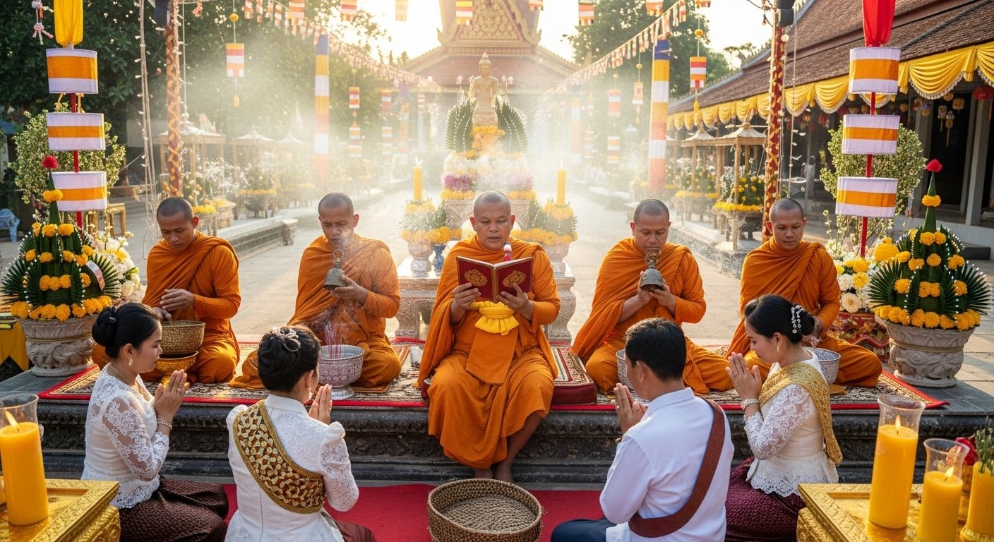 Photorealistic image of a group of Cambodian monks performing a blessing ceremony during a Buddhist festival, illustrating Cambodian Festivals.