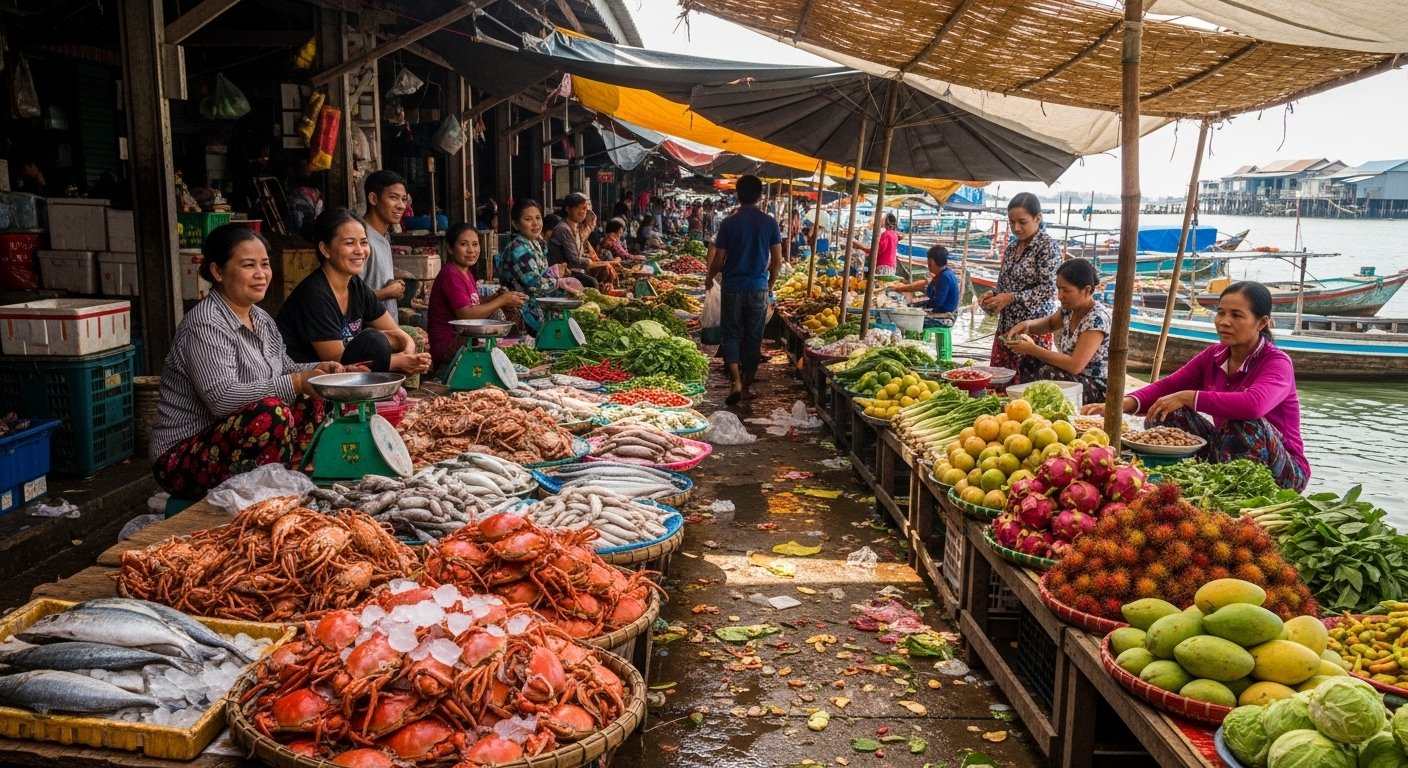 Photorealistic image of a local Cambodian market scene, perhaps the Kep crab market or a bustling town square, reflecting authentic local life for a Cambodia travel guide.