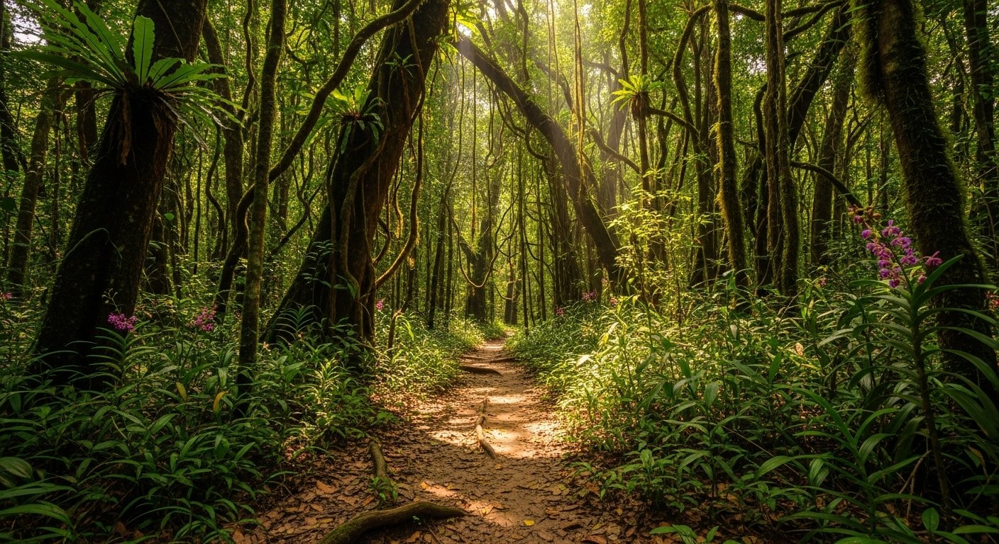 Photorealistic image of a lush, dense jungle trail in the Cardamom Mountains, with sunlight filtering through the canopy, for a Cambodia travel guide about trekking.