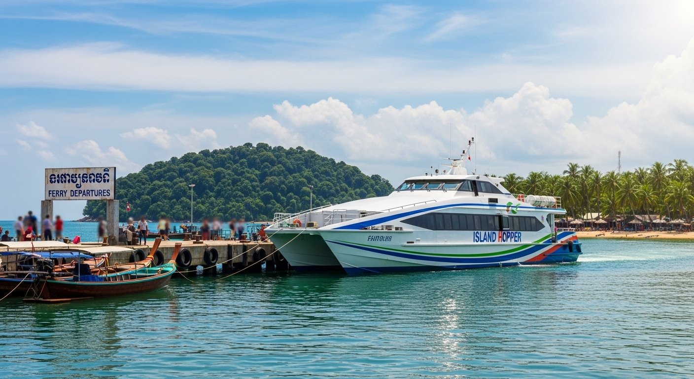 Photorealistic image of a modern speed ferry departing from Serendipity Beach Pier in Sihanoukville, heading towards a distant, lush green island. The sky is blue with some clouds, and the water is calm. The primary keyword 'Sihanoukville to Islands Ferry' should be subtly suggested through the scene.