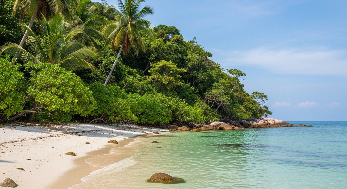 Photorealistic image of a secluded beach on Koh Thmei, within Ream National Park, showing lush coastal vegetation and calm, clear waters, highlighting the natural beauty of Must-Visit Cambodian Islands.