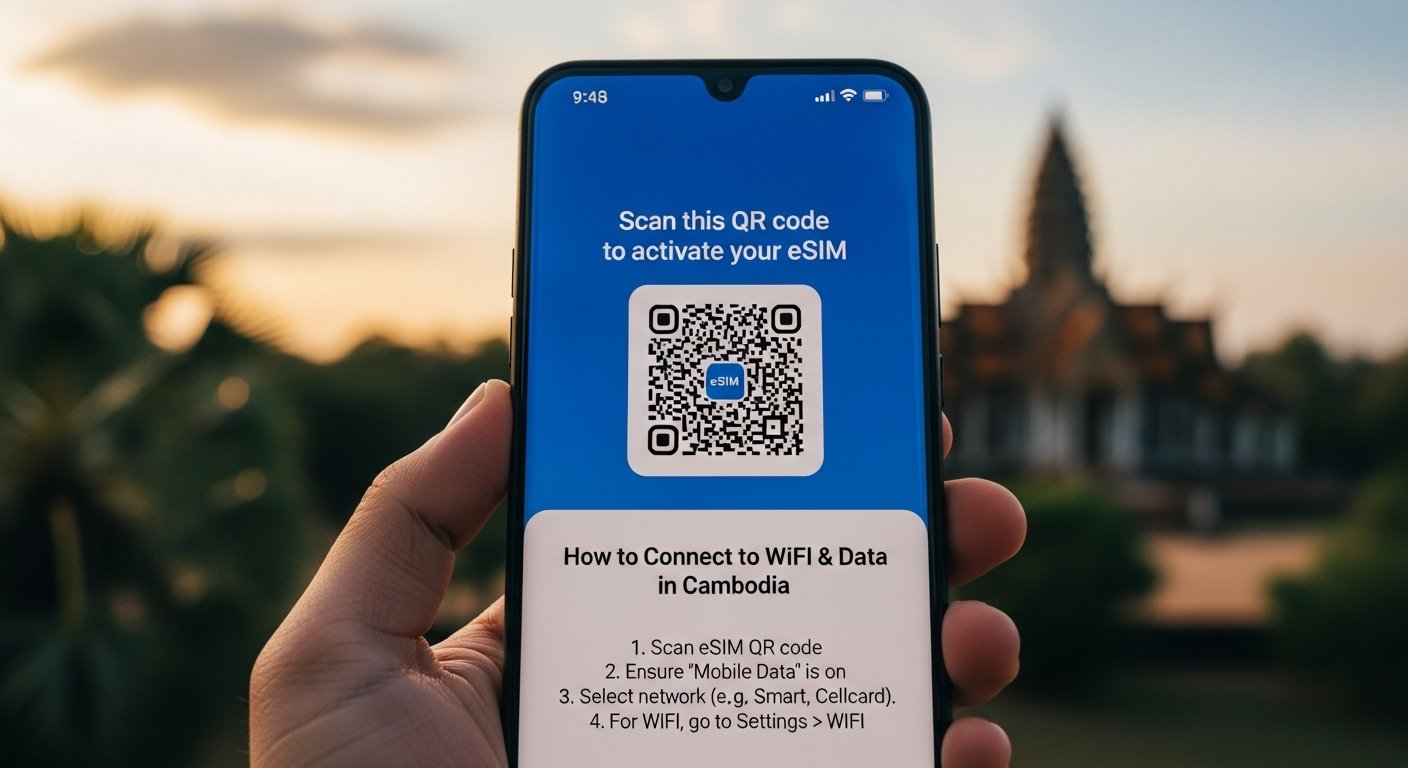 Photorealistic image of a smartphone displaying an eSIM activation QR code, with a Cambodian landscape in the background, demonstrating How to Connect to WiFi & Data in Cambodia.