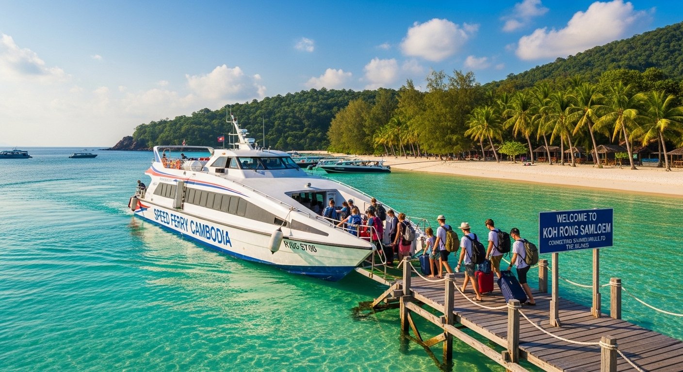Photorealistic image of a speed ferry arriving at a picturesque pier on Koh Rong Samloem, with clear turquoise water and white sand. Tourists are disembarking. The primary keyword 'Sihanoukville to Islands Ferry' should be subtly suggested through the scene.