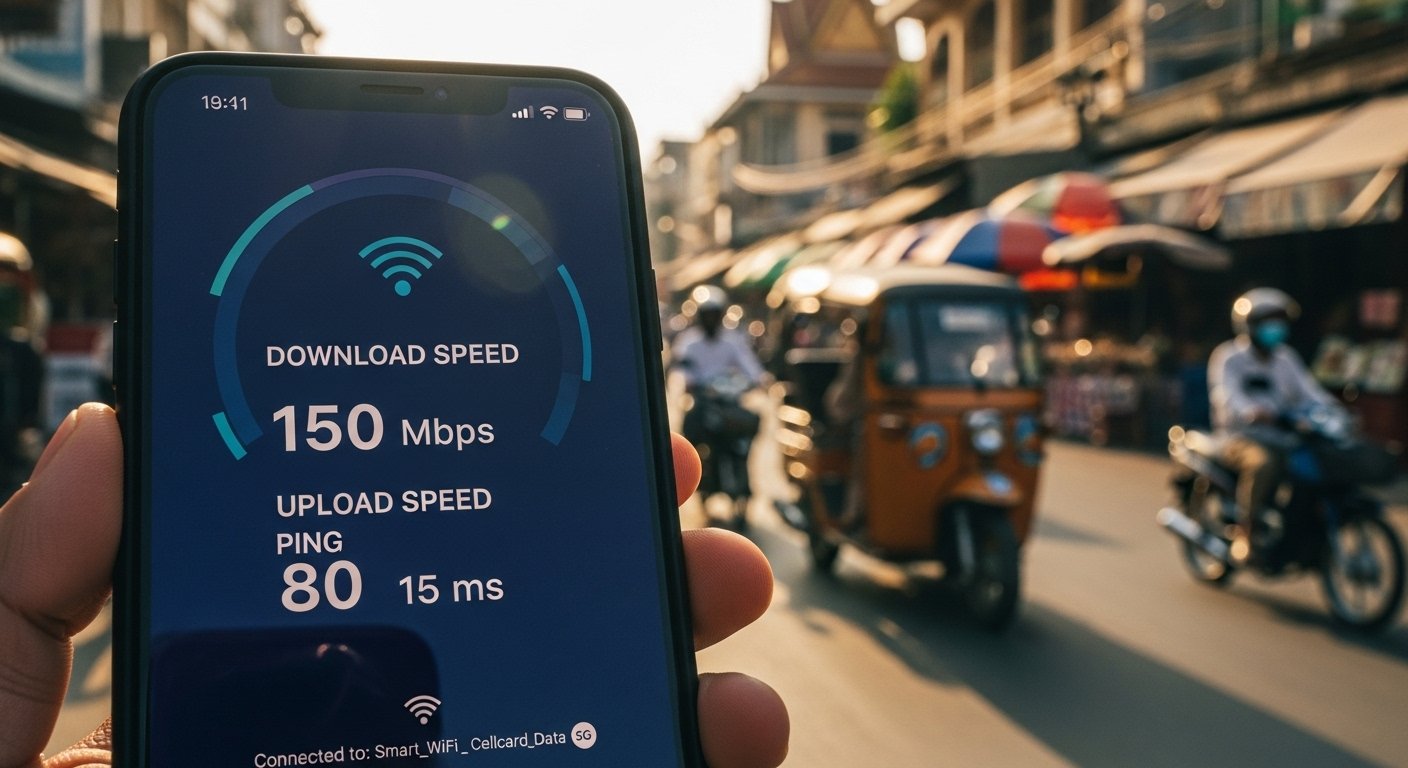 Photorealistic image of a speed test on a smartphone in a Cambodian city, showing fast internet speed, representing How to Connect to WiFi & Data in Cambodia.
