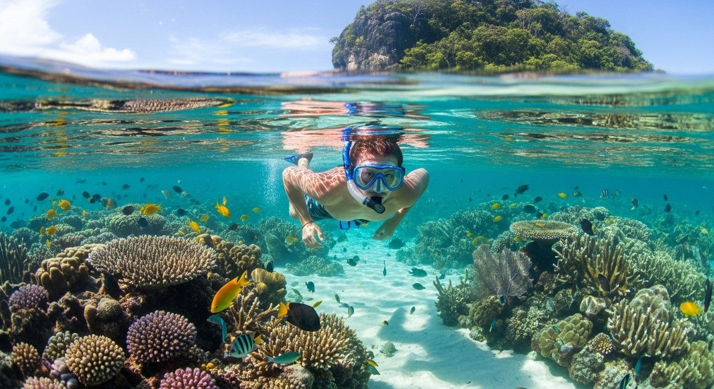 Photorealistic image of a student snorkeling in the clear waters of a less-known Cambodian island, surrounded by colorful coral and fish, showcasing activities on Must-Visit Cambodian Islands.