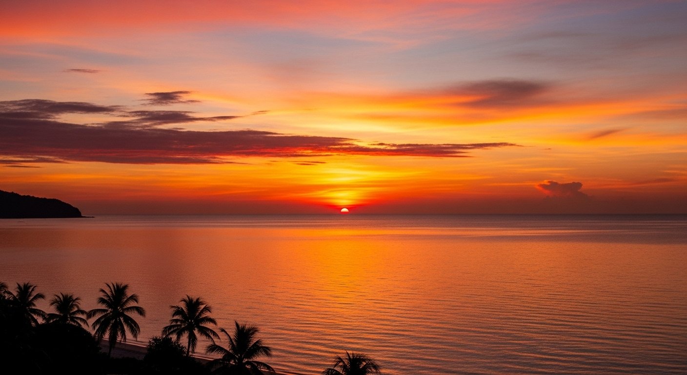 Photorealistic image of a stunning sunset over the Gulf of Thailand from a Cambodian island, with vibrant colors in the sky and calm waters, setting the mood for the best time to visit Must-Visit Cambodian Islands.