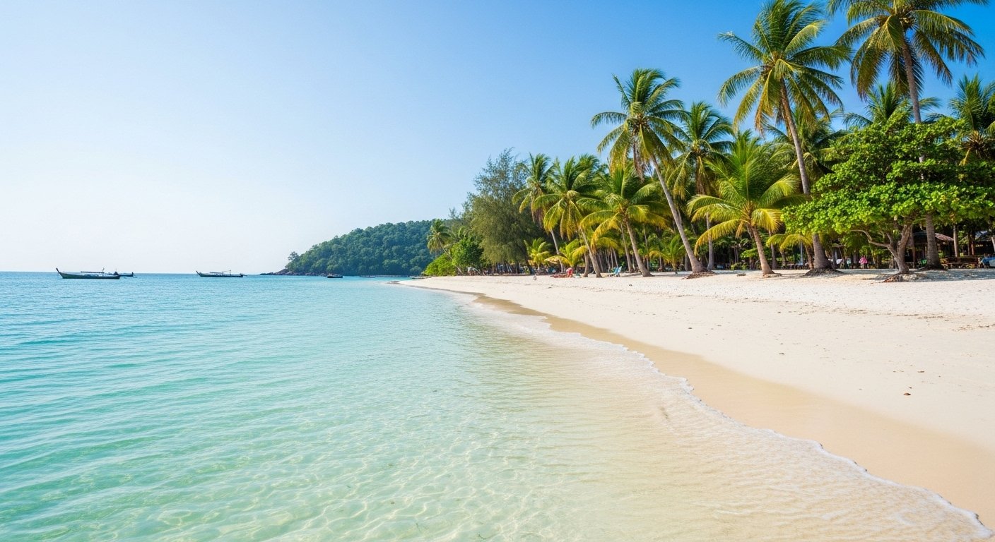 Photorealistic image of a stunning white-sand beach on Koh Rong, with clear turquoise water and lush palm trees, showcasing a relaxing Cambodia travel guide destination.