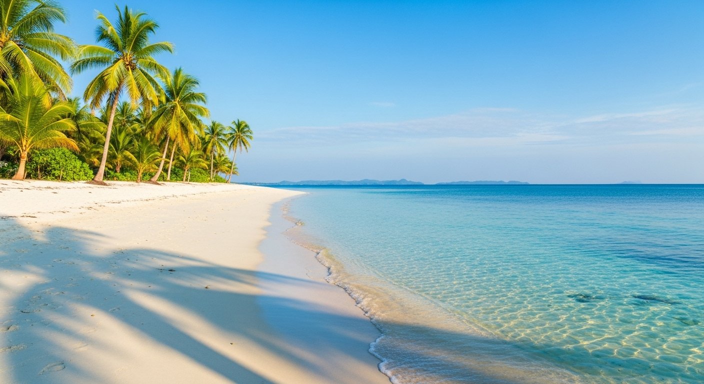 Photorealistic image of a stunning white sand beach on Koh Russey (Bamboo Island) with calm, turquoise waters and a few palm trees, emphasizing the tranquility of Must-Visit Cambodian Islands.