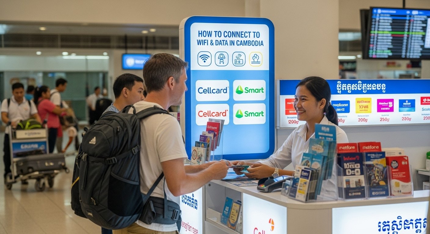 Photorealistic image of a tourist purchasing a local SIM card at an airport kiosk in Cambodia, highlighting How to Connect to WiFi & Data in Cambodia.