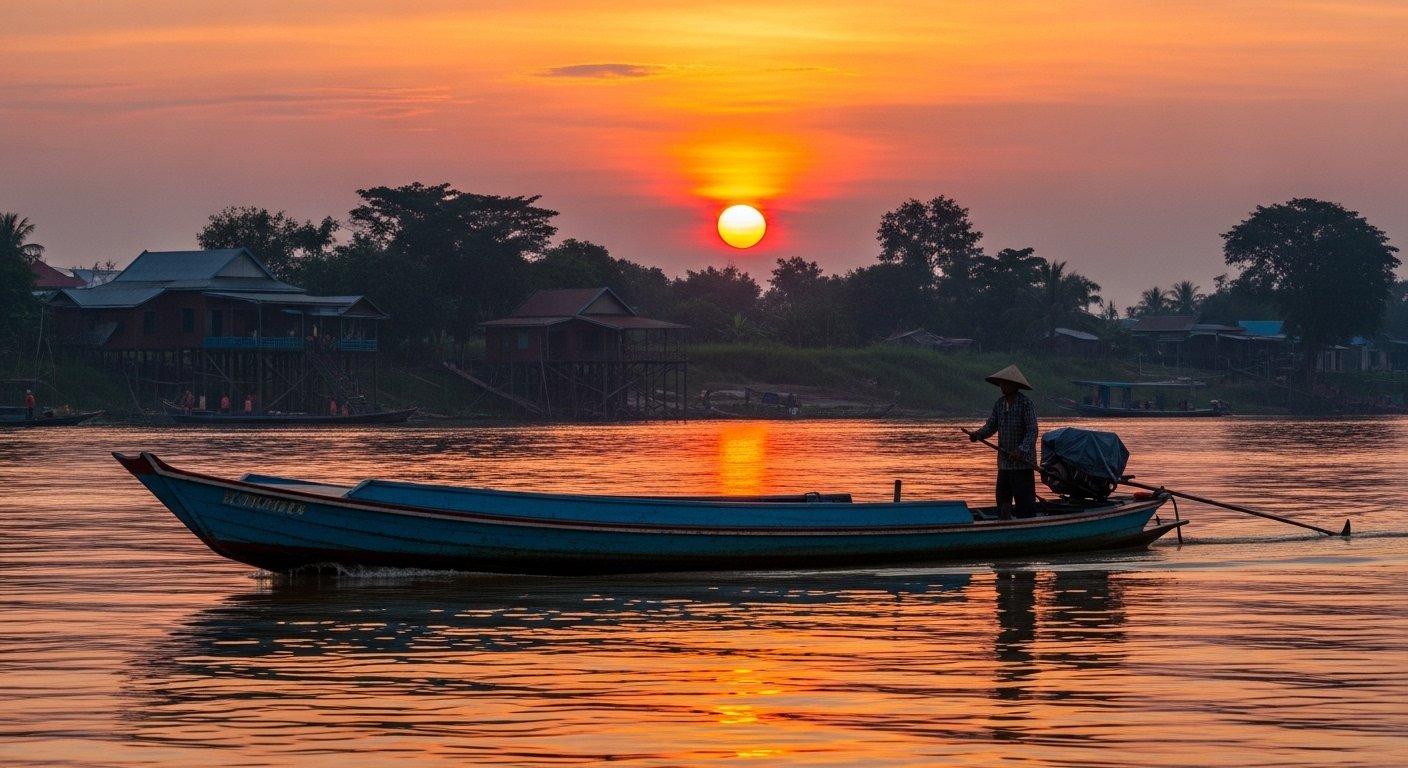 Photorealistic image of a traditional longtail boat cruising on the Mekong River in Cambodia at sunset, with a silhouette of local life along the banks, for a Cambodia travel guide.