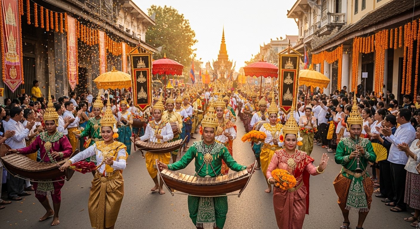 Photorealistic image of a vibrant Cambodian festival parade with traditional costumes and music. Focus on the energy of Cambodian Festivals.