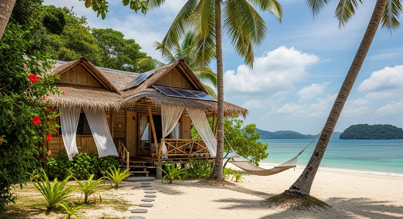 Photorealistic image of an eco-friendly bungalow on Koh Totang, with a serene beach backdrop and lush greenery, depicting a sustainable experience on one of the Must-Visit Cambodian Islands.