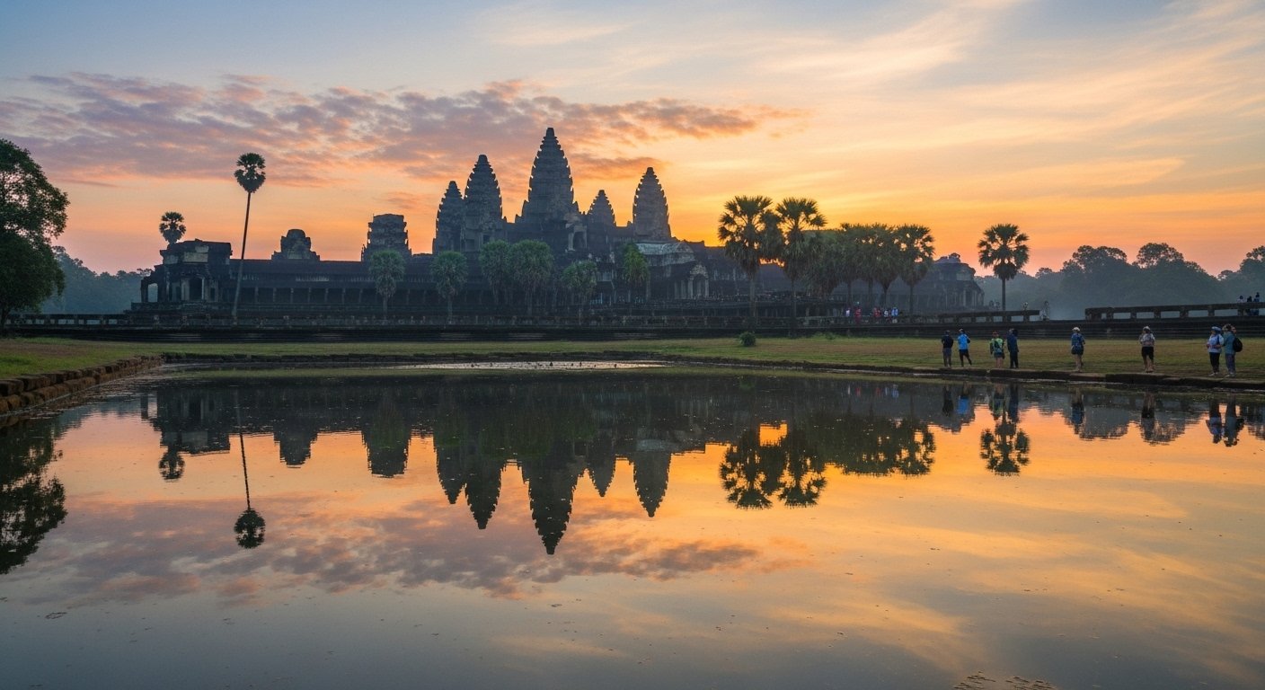 Photorealistic image of Angkor Wat at sunrise, viewed from across its reflection pond, with a few tourists in the foreground, highlighting this epic Cambodia travel guide adventure.