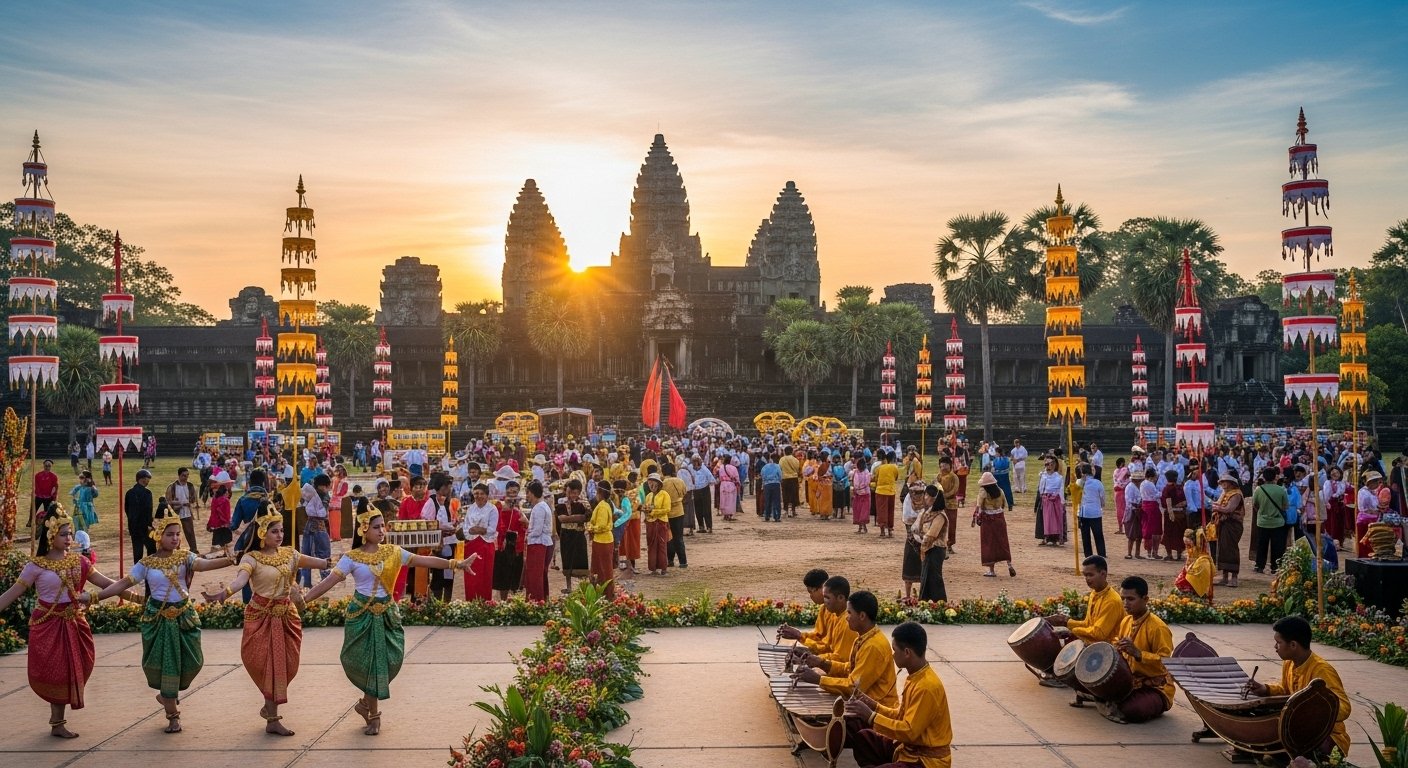 Photorealistic image of Angkor Wat during Angkor Sankranta, with cultural performances and festive decorations, highlighting Cambodian Festivals.