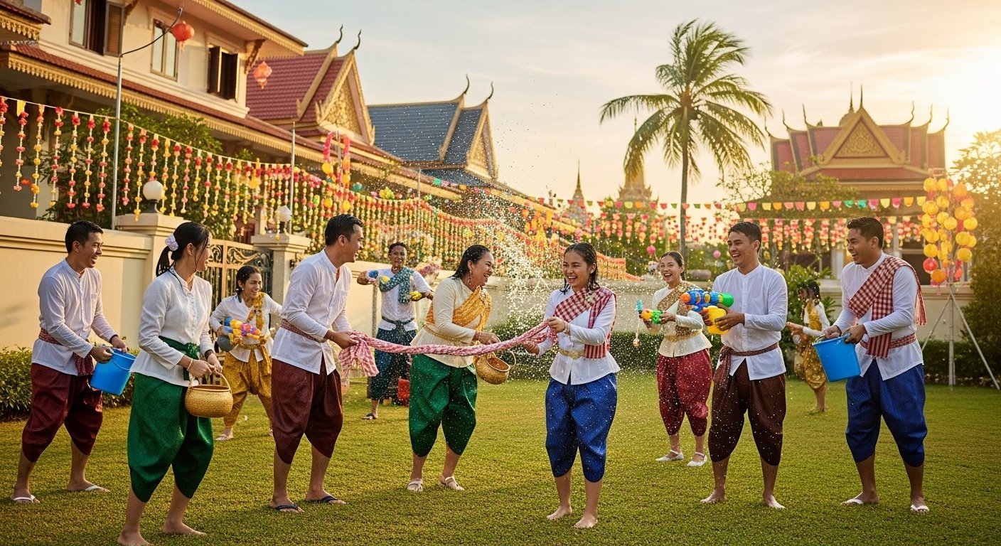 Photorealistic image of families celebrating Khmer New Year with traditional games and water splashing, representing Cambodian Festivals.