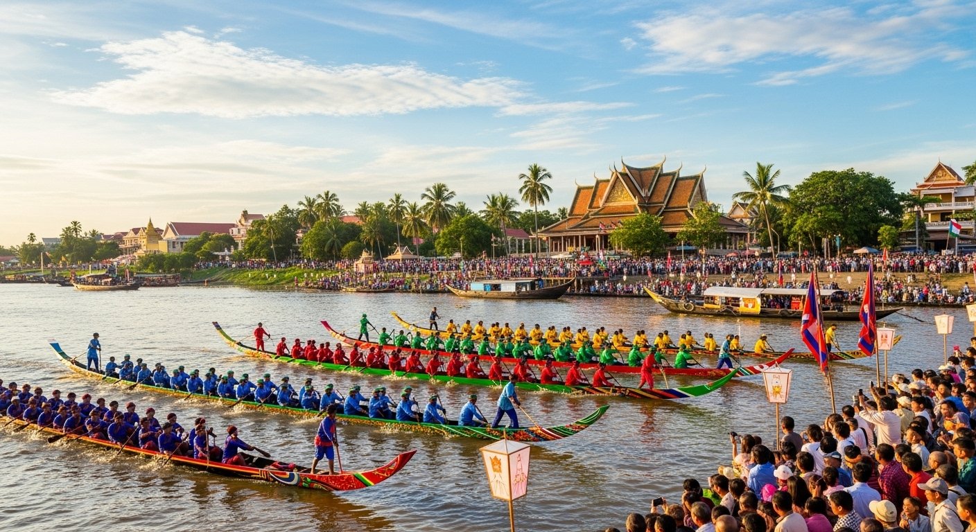 Photorealistic image of long traditional boats racing on the Tonle Sap River during Bon Om Touk (Water Festival), featuring colorful Cambodian Festivals.