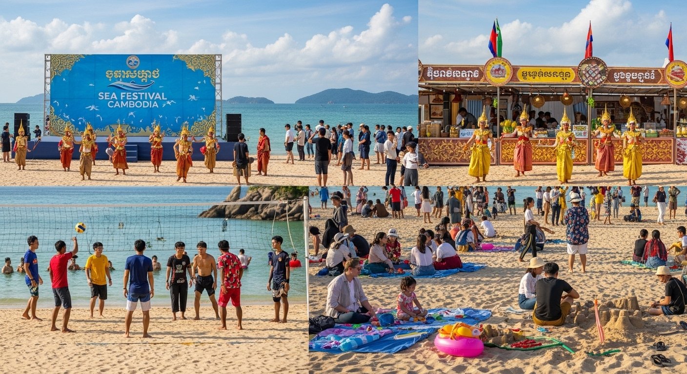 Photorealistic image of people enjoying beach activities and cultural performances at the Sea Festival Cambodia, illustrating modern Cambodian Festivals.