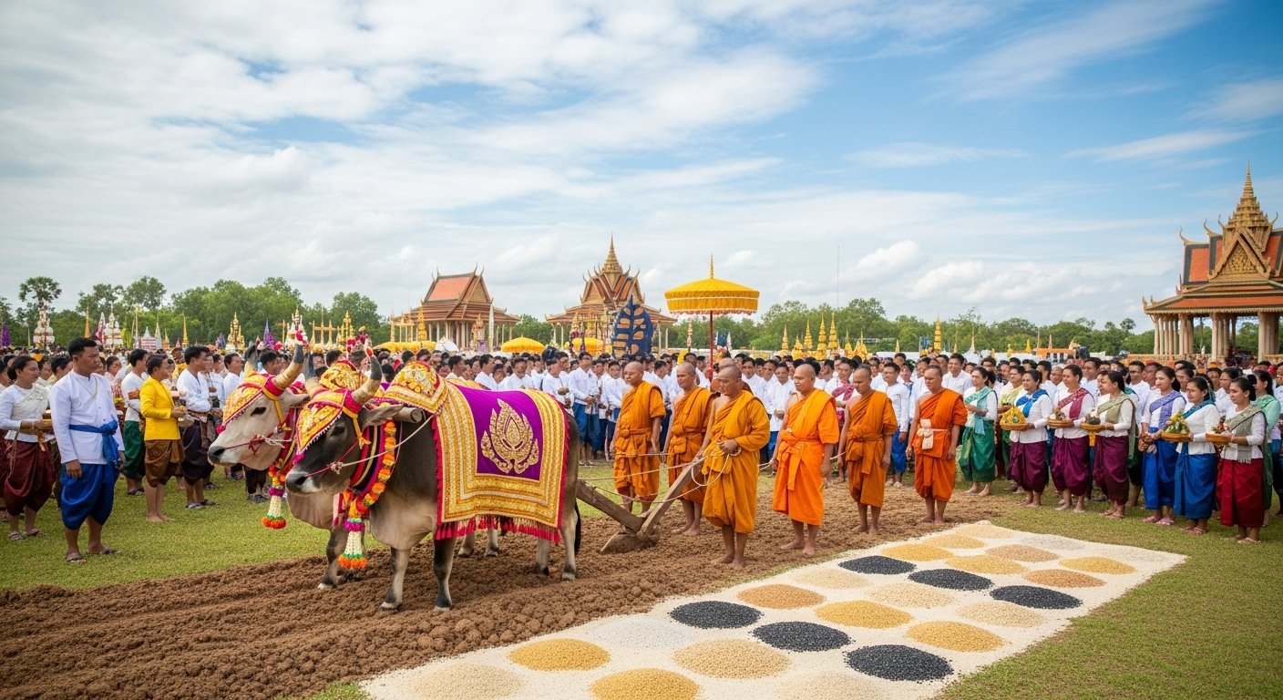 Photorealistic image of the Royal Ploughing Ceremony in Cambodia, with sacred oxen and royal participants, showcasing Cambodian Festivals.